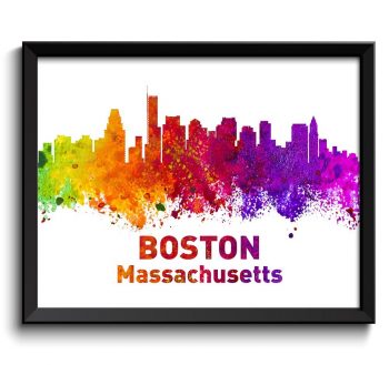 INSTANT DOWNLOAD Boston Skyline Massachusetts City Colorful Watercolor Cityscape Poster Print Landscape Art Painting Red Purple Pink Yellow