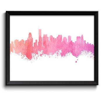 INSTANT DOWNLOAD Boston Skyline Massachusetts Pink Coral Salmon Watercolor Cityscape Poster Print Landscape Art Painting Home Decor Wall Art