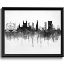 INSTANT DOWNLOAD Bristol Skyline England Europe Cityscape Art Print Poster Black White Grey Watercolor Painting