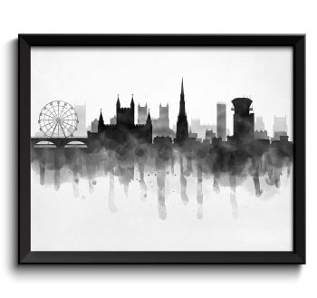 INSTANT DOWNLOAD Bristol Skyline England Europe Cityscape Art Print Poster Black White Grey Watercolor Painting