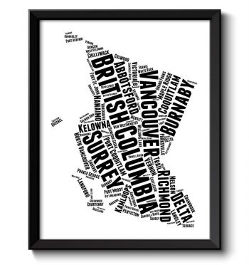 INSTANT DOWNLOAD British Columbia BC Map Province Canada Text Words Watercolor Poster Print Black White Landscape Art Painting Word Cloud