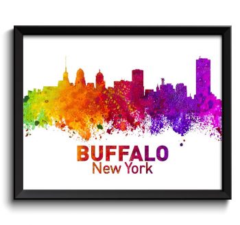 INSTANT DOWNLOAD Buffalo Skyline New York Colorful Watercolor Cityscape Poster Print Landscape Art Painting Red Purple Pink Yellow Green