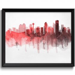 INSTANT DOWNLOAD Calgary Hot Pink Coral Grey Skyline Alberta Canada Cityscape Art Print Poster Watercolor Painting