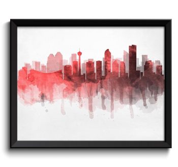 INSTANT DOWNLOAD Calgary Hot Pink Coral Grey Skyline Alberta Canada Cityscape Art Print Poster Watercolor Painting