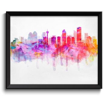 INSTANT DOWNLOAD Calgary Rainbow Red Purple Yellow Green Skyline Alberta Canada Cityscape Art Print Poster Watercolor Painting