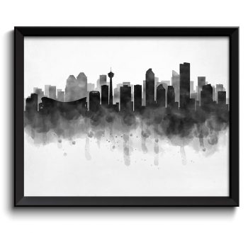 INSTANT DOWNLOAD Calgary Skyline Alberta Canada Cityscape Art Print Poster Black White Grey Watercolor Painting