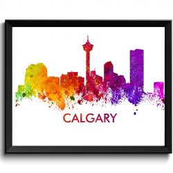 INSTANT DOWNLOAD Calgary Skyline City Cityscape Canada Colorful Watercolor Poster Print Landscape Art Painting Red Purple Pink Yellow Green