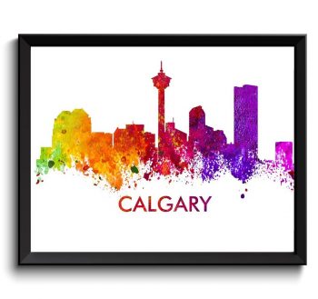 INSTANT DOWNLOAD Calgary Skyline City Cityscape Canada Colorful Watercolor Poster Print Landscape Art Painting Red Purple Pink Yellow Green