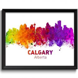 INSTANT DOWNLOAD Calgary Skyline City Cityscape Canada Colorful Watercolor Poster Print Landscape Art Painting Red Purple Pink Yellow Green