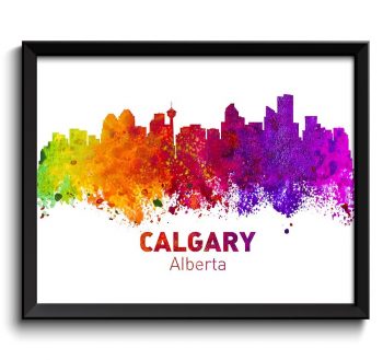 INSTANT DOWNLOAD Calgary Skyline City Cityscape Canada Colorful Watercolor Poster Print Landscape Art Painting Red Purple Pink Yellow Green