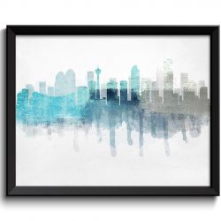 INSTANT DOWNLOAD Calgary Turquoise Blue Grey Skyline Alberta Canada Cityscape Art Print Poster Watercolor Painting