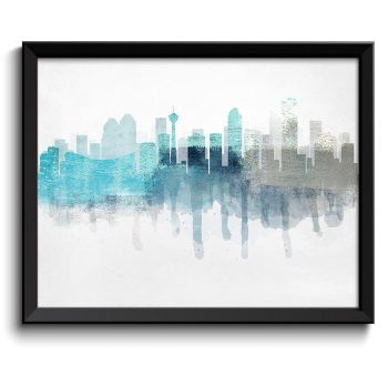 INSTANT DOWNLOAD Calgary Turquoise Blue Grey Skyline Alberta Canada Cityscape Art Print Poster Watercolor Painting