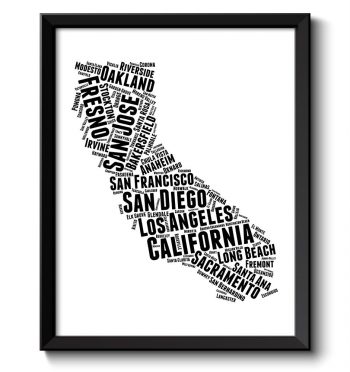 INSTANT DOWNLOAD California Map State Text Words Watercolor Poster Print USA United States Modern Landscape Art Painting Black White