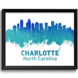 INSTANT DOWNLOAD Charlotte Blue Turquoise Teal Skyline North Carolina City Colorful Watercolor Cityscape Poster Print Landscape Art Painting