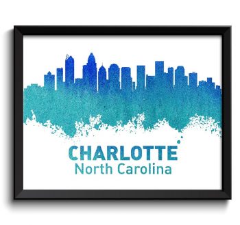 INSTANT DOWNLOAD Charlotte Blue Turquoise Teal Skyline North Carolina City Colorful Watercolor Cityscape Poster Print Landscape Art Painting