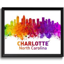 INSTANT DOWNLOAD Charlotte Skyline North Carolina City Colorful Watercolor Cityscape Poster Print Landscape Art Painting Red Purple Pink