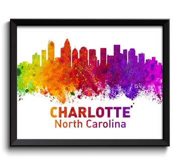 INSTANT DOWNLOAD Charlotte Skyline North Carolina City Colorful Watercolor Cityscape Poster Print Landscape Art Painting Red Purple Pink