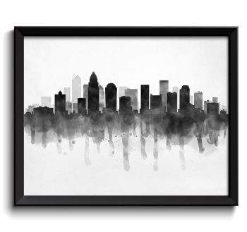 INSTANT DOWNLOAD Charlotte Skyline North Carolina USA United States Cityscape Art Print Poster Black White Grey Watercolor Painting