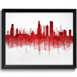 INSTANT DOWNLOAD Chicago Red Black and Grey Skyline Illinois USA United States Cityscape Art Print Poster Watercolor Painting