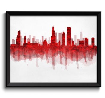 INSTANT DOWNLOAD Chicago Red Black and Grey Skyline Illinois USA United States Cityscape Art Print Poster Watercolor Painting