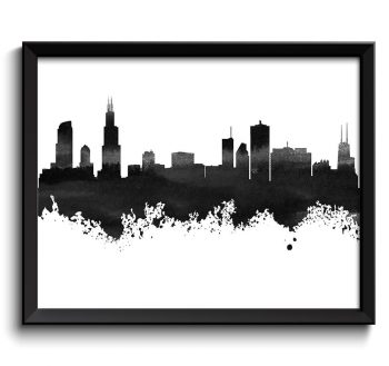 INSTANT DOWNLOAD Chicago Skyline Black White Grey Watercolor Painting Chicago Illinois Cityscape Chicago Wall Art Print Chicago Poster