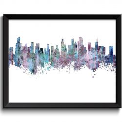 INSTANT DOWNLOAD Chicago Skyline Blue Purple Teal Black Watercolor Painting Chicago Illinois Cityscape Chicago Wall Art Print Chicago Poster