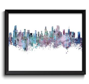 INSTANT DOWNLOAD Chicago Skyline Blue Purple Teal Black Watercolor Painting Chicago Illinois Cityscape Chicago Wall Art Print Chicago Poster