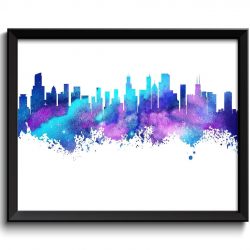 INSTANT DOWNLOAD Chicago Skyline Blue Turquoise Purple Aqua Watercolor Painting Chicago Illinois Cityscape Wall Art Print Chicago Poster