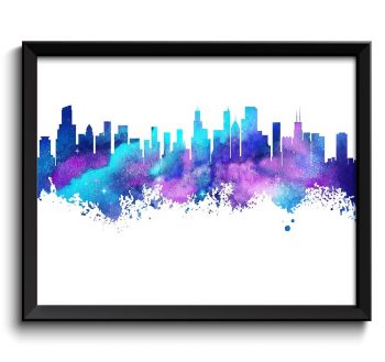 INSTANT DOWNLOAD Chicago Skyline Blue Turquoise Purple Aqua Watercolor Painting Chicago Illinois Cityscape Wall Art Print Chicago Poster