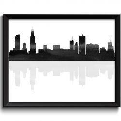 INSTANT DOWNLOAD Chicago Skyline Chicago Illinois Cityscape Chicago Wall Art Print Chicago Poster Black White Grey Watercolor Painting