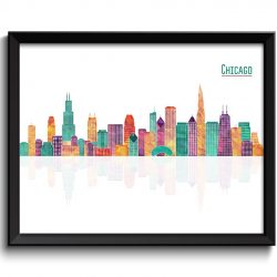 INSTANT DOWNLOAD Chicago Skyline Green Blue Teal Pink Purple Peach Illinois City Colorful Cityscape Poster Print Landscape Art Painting