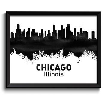 INSTANT DOWNLOAD Chicago Skyline Illinois City Black White Grey Watercolor Cityscape Poster Print Modern Abstract Landscape Art Painting