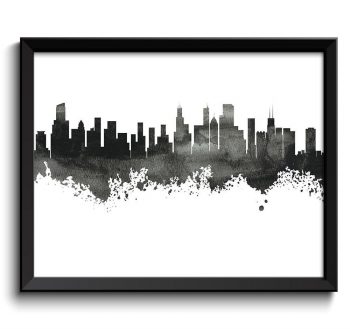 INSTANT DOWNLOAD Chicago Skyline Illinois City Grey Black White Watercolor Cityscape Poster Print Modern Abstract Landscape Art Painting