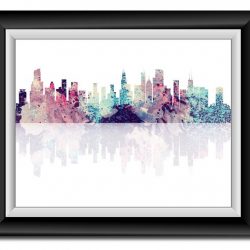 INSTANT DOWNLOAD Chicago Skyline Illinois City Pink Purple Blue Watercolor Cityscape Poster Print Modern Abstract Landscape Art Painting