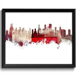 INSTANT DOWNLOAD Chicago Skyline Illinois City Red Beige Brown Cream Watercolor Cityscape Poster Print Abstract Landscape Art Painting