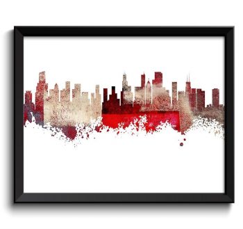 INSTANT DOWNLOAD Chicago Skyline Illinois City Red Beige Brown Cream Watercolor Cityscape Poster Print Abstract Landscape Art Painting