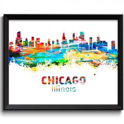 INSTANT DOWNLOAD Chicago Skyline Illinois City Red Orange Yellow Blue Rainbow Watercolor Cityscape Poster Print Landscape Art Painting