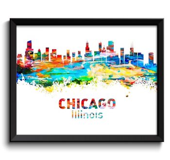 INSTANT DOWNLOAD Chicago Skyline Illinois City Red Orange Yellow Blue Rainbow Watercolor Cityscape Poster Print Landscape Art Painting