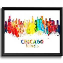 INSTANT DOWNLOAD Chicago Skyline Illinois City Red Yellow Turquoise Blue Rainbow Watercolor Cityscape Poster Print Landscape Art Painting