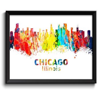 INSTANT DOWNLOAD Chicago Skyline Illinois City Red Yellow Turquoise Blue Rainbow Watercolor Cityscape Poster Print Landscape Art Painting