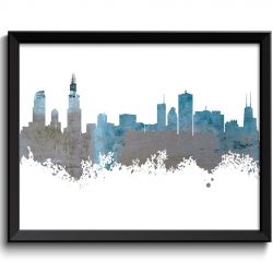 INSTANT DOWNLOAD Chicago Skyline Illinois City Sky Blue Grey Watercolor Cityscape Poster Print Modern Abstract Landscape Art Painting