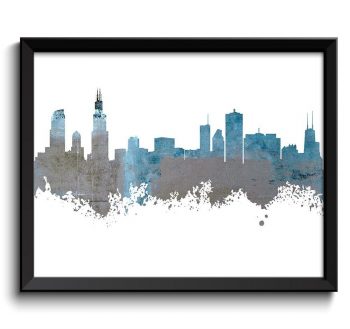 INSTANT DOWNLOAD Chicago Skyline Illinois City Sky Blue Grey Watercolor Cityscape Poster Print Modern Abstract Landscape Art Painting