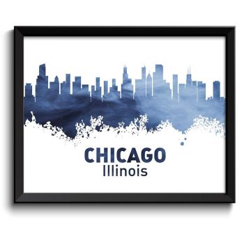 INSTANT DOWNLOAD Chicago Skyline Illinois City Steel Blue Navy Watercolor Cityscape Poster Print Modern Abstract Landscape Art Painting