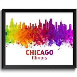 INSTANT DOWNLOAD Chicago Skyline Illinois Colorful Watercolor Cityscape Poster Print Landscape Art Painting Red Purple Pink Yellow Green