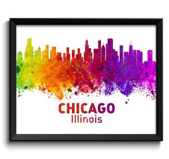 INSTANT DOWNLOAD Chicago Skyline Illinois Colorful Watercolor Cityscape Poster Print Landscape Art Painting Red Purple Pink Yellow Green