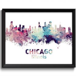 INSTANT DOWNLOAD Chicago Skyline Illinois Pink Purple Turquoise Blue Beige Cream Watercolor Cityscape Poster Print Landscape Art Painting