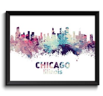 INSTANT DOWNLOAD Chicago Skyline Illinois Pink Purple Turquoise Blue Beige Cream Watercolor Cityscape Poster Print Landscape Art Painting