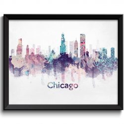 INSTANT DOWNLOAD Chicago Skyline Illinois USA Turquoise Blue Pink Purple United States Cityscape Art Print Poster Watercolor Painting