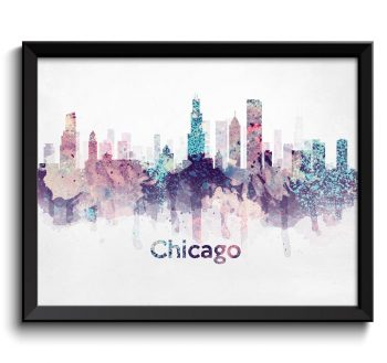 INSTANT DOWNLOAD Chicago Skyline Illinois USA Turquoise Blue Pink Purple United States Cityscape Art Print Poster Watercolor Painting