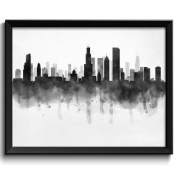 INSTANT DOWNLOAD Chicago Skyline Illinois USA United States Cityscape Art Print Poster Black White Grey Watercolor Painting